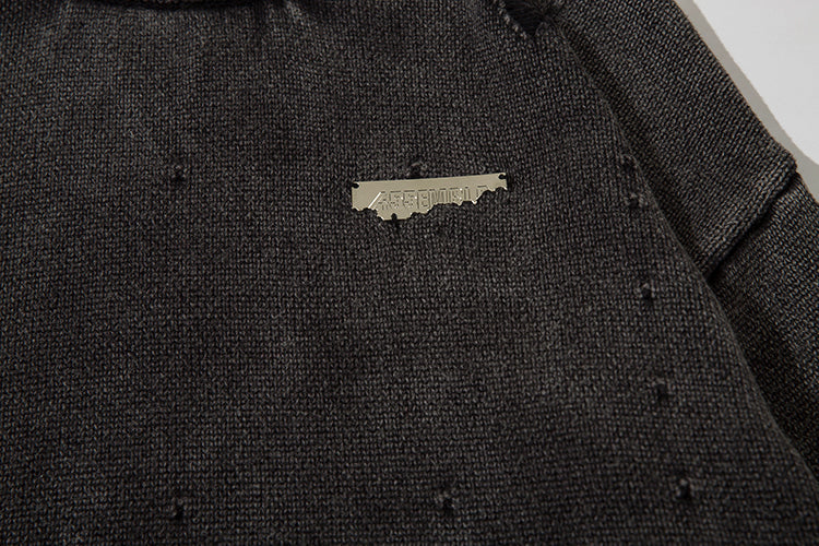 Heavy-duty Washed Make Old Ripped Round Neck Sweater