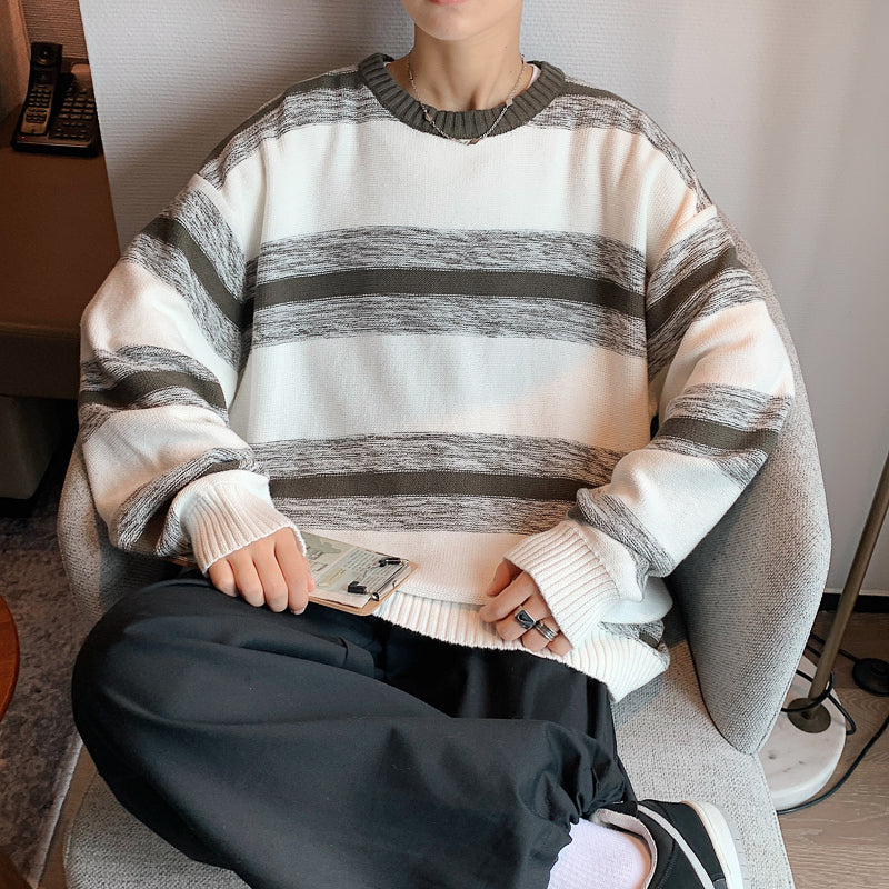 Striped Sweater New Round Neck Tide Lazy Hong Kong Style Sweater Jacket Men