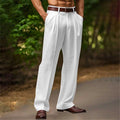 Slant Pockets Bifold Linen Solid Color Breathable And Loose Straight Men's Casual Pants