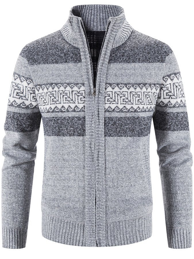 Casual Men's Hooded Color Block Printed Cardigan Knitted Cardigan Sweater Jacket