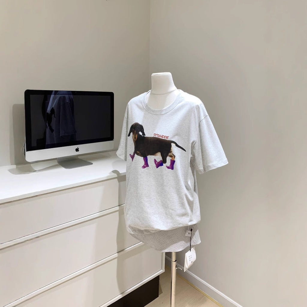 Niche Sausage Dog Print Short Sleeved T-shirt Loose