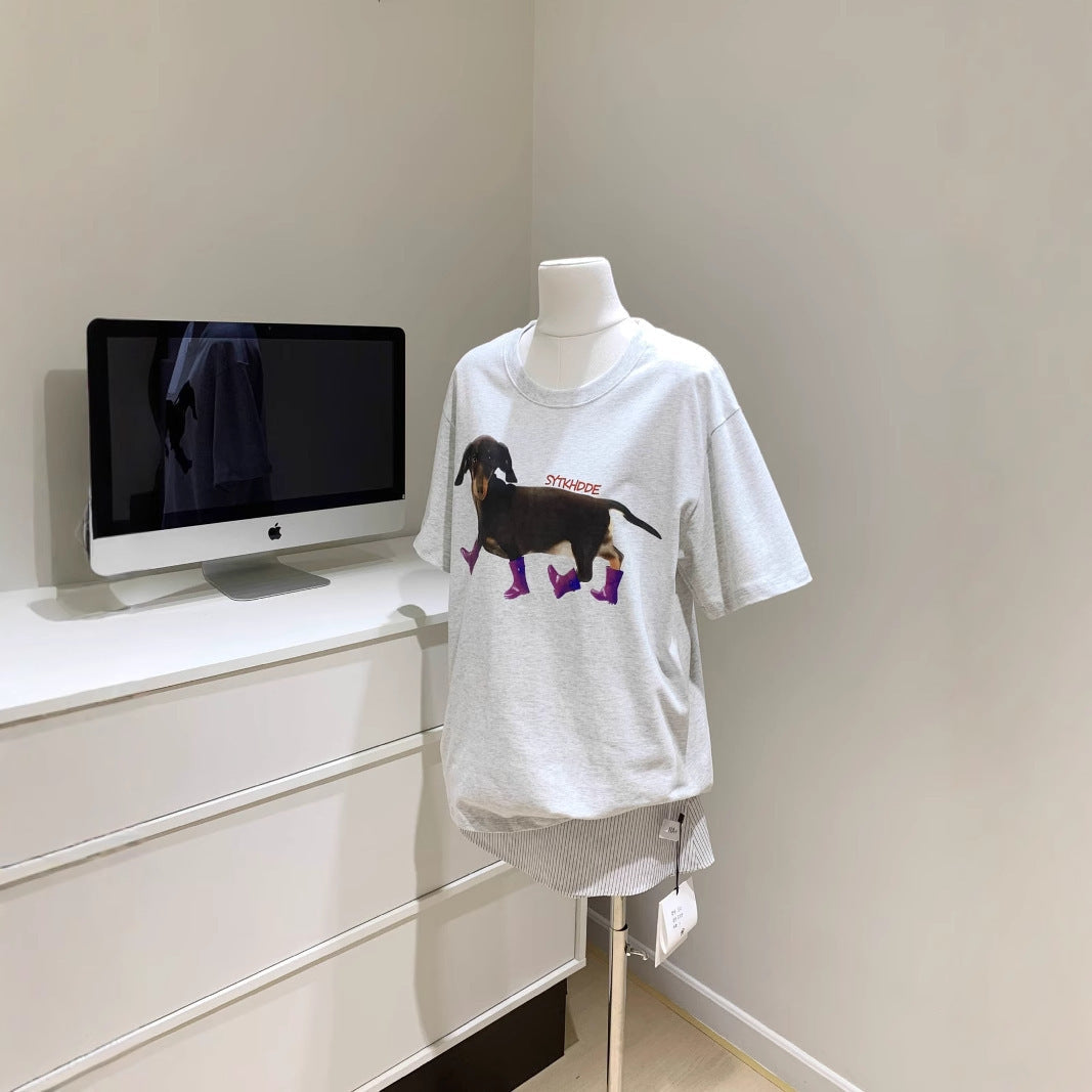 Niche Sausage Dog Print Short Sleeved T-shirt Loose