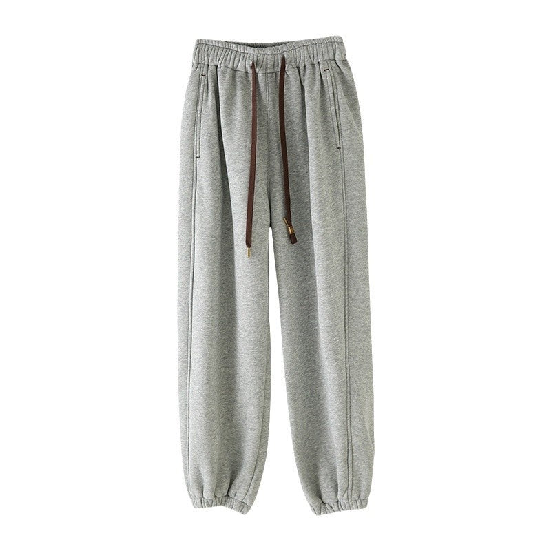 High Waist Velvet Padded Loose Slimming Leisure Bloomers Ankle-tied Sweatpants