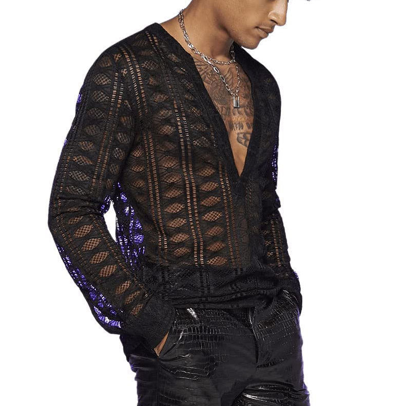 Men's Hollow Out V-neck Long Sleeve Loose-fitting Casual T-shirt Shirt