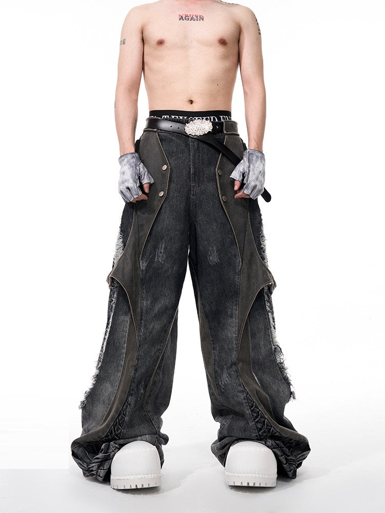 Structure Leather Patchwork Men's Summer Snake Bone Pleated Wide Leg Mop Pants