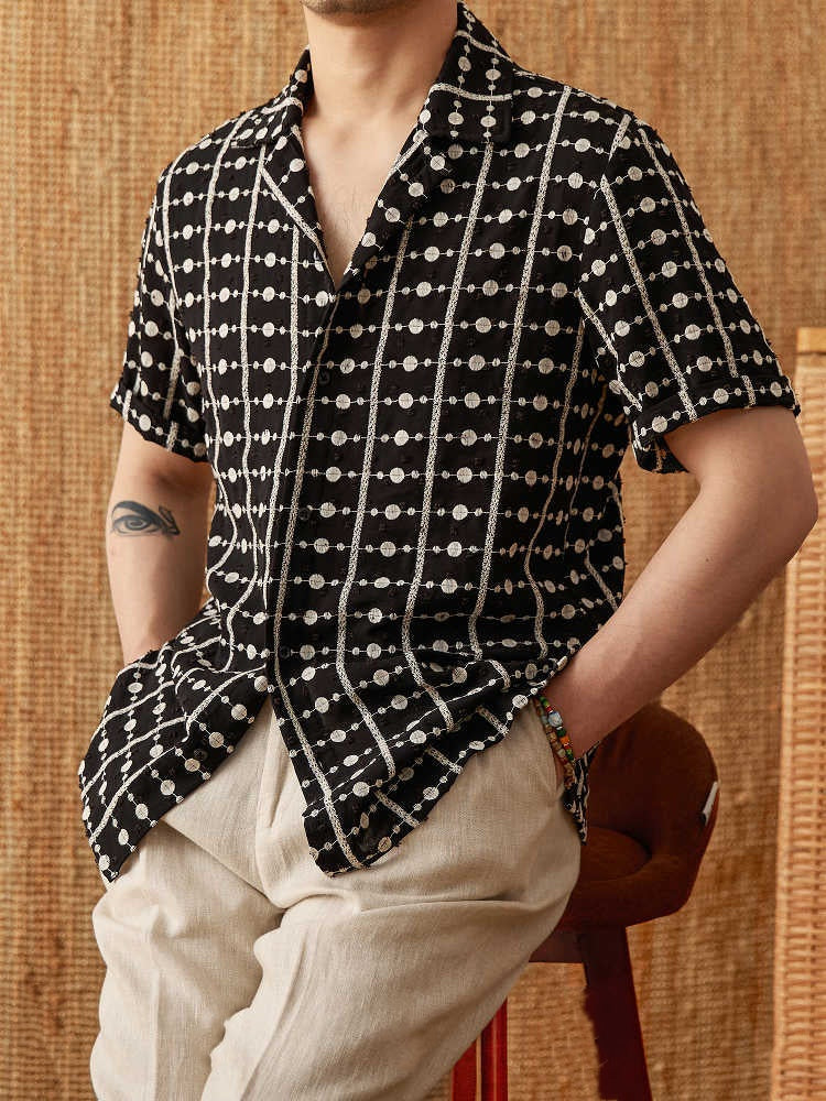Pure Cotton Embroidery Cuban Collar Short Sleeve Printed Shirt Breathable Casual Shirt