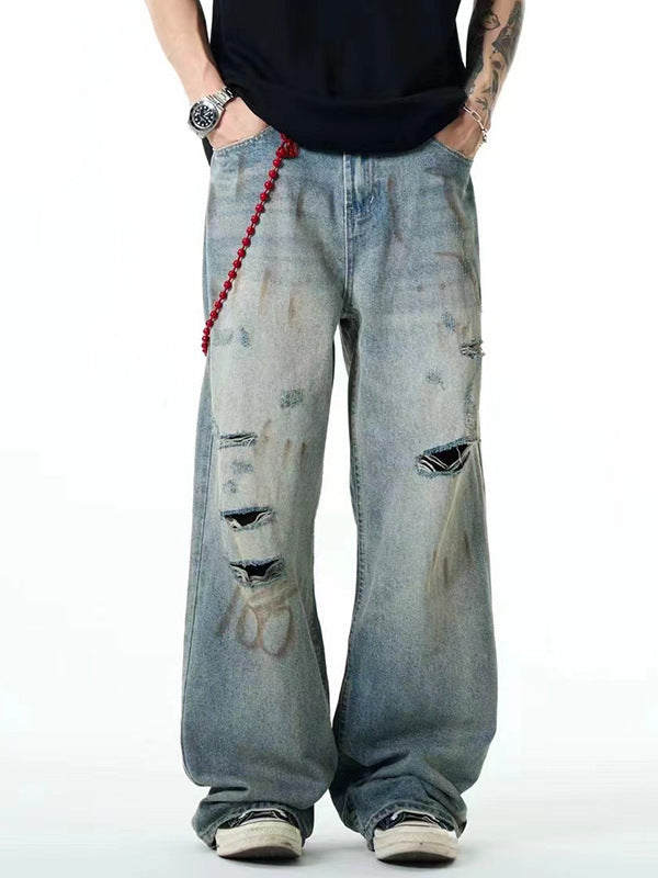 American Ripped Jeans Water Machine Distressed Loose Wide Leg Slightly Flared