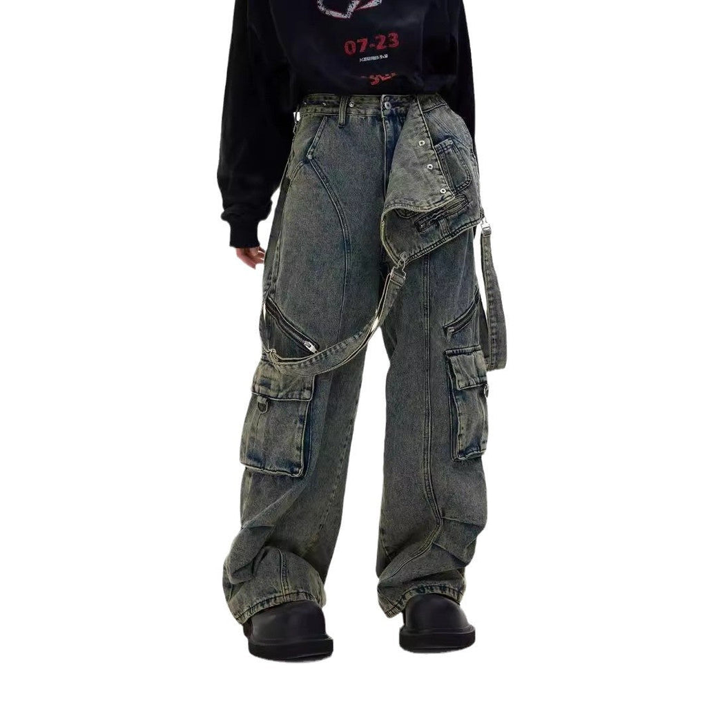 Niche Mechanical Style Jeans Design American Vintage Strap Stitching Trousers