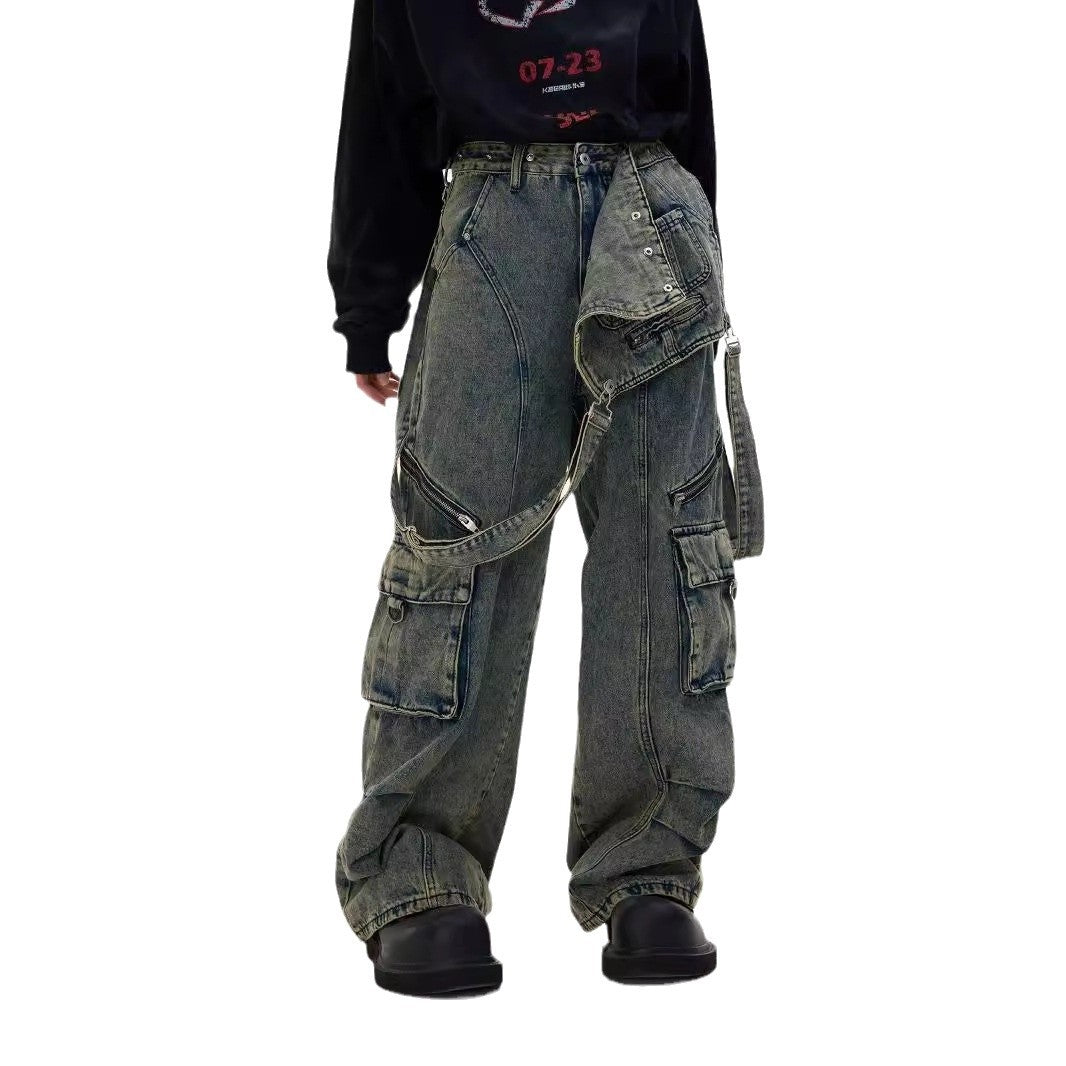Niche Mechanical Style Jeans Design American Vintage Strap Stitching Trousers