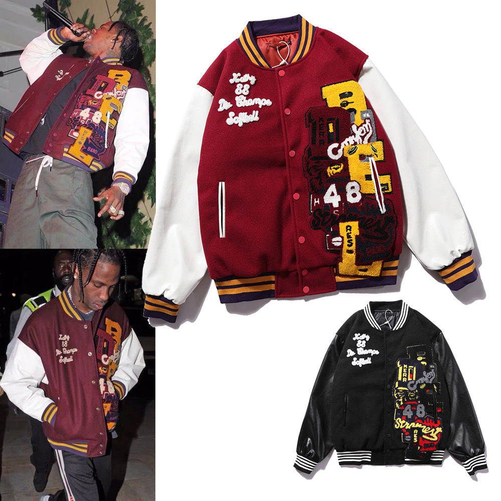 Embroidered Baseball Uniform Men's Stand-Up Collar Quilted Jacket