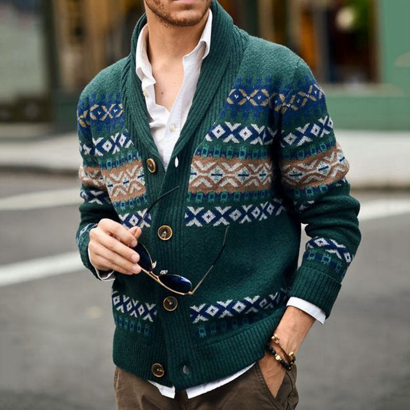 Lapel Long Sleeve Jacquard Sweater Coat
