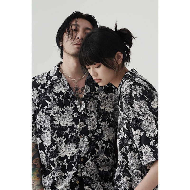 Hawaiian Black And White Camellia Summer New Short Sleeve Shirt