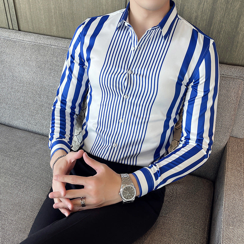 Striped Pointed Collar Non-iron Shirt Long Sleeve Casual Ice Silk