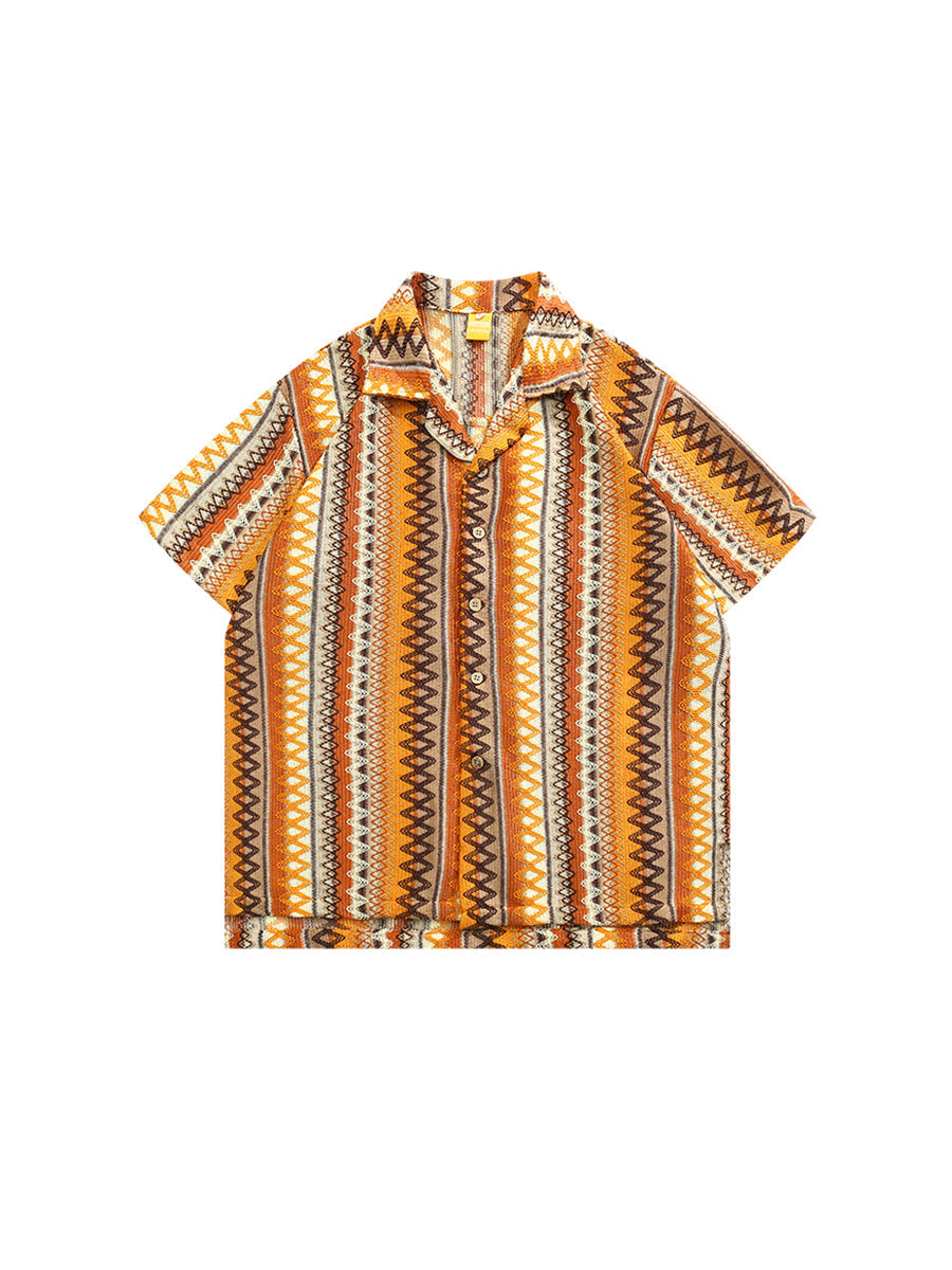 Ethnic Style Woven Contrast Color Cuban Collar Shirt