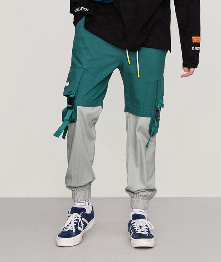New Style Brand Function Buckle Pocket Contrast Color Stitching Men's Beamed Overalls
