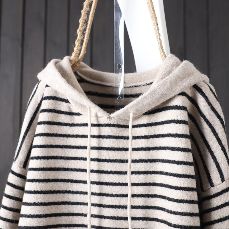 Spring Fashion Long Sleeve Striped Hooded Knitted Sweater