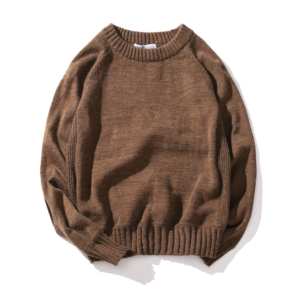 Men's Knitwear Solid Color Patch Handsome Student Crewneck Sweater