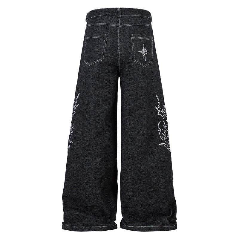 Embroidered Thorn Loose Wide-leg Floor-dragging Denim Pants