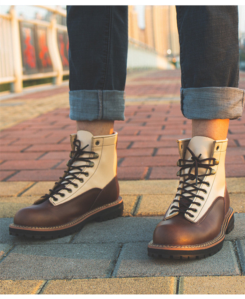 Fashion Contrast Color Cowhide Tooling Men's Boots