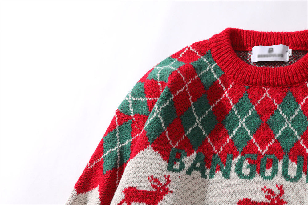 Long Sleeve Rhombus Plaid Deer Knitted Sweater