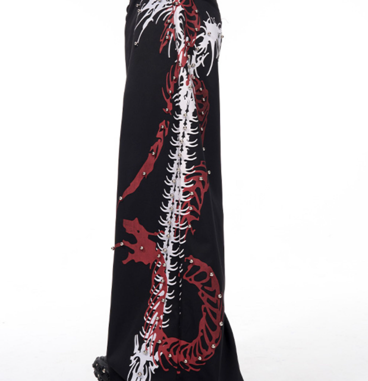 Rivet Snake-shaped Backbone Printed Black Suit Pants