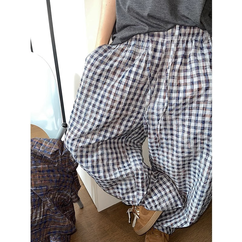 Retro Easy Matching Gradient Color Painted Bubble Plaid Casual Pants