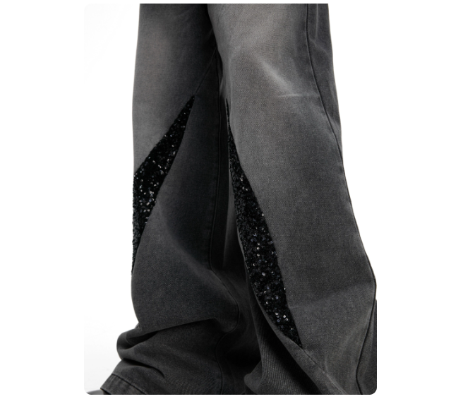 Washed Jeans Distressed Streamer Sequins Casual Straight Pants Men