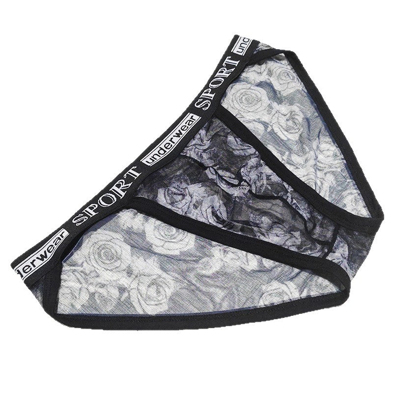 Printed Mesh Rose Men's High-slit G-string Panties See-through
