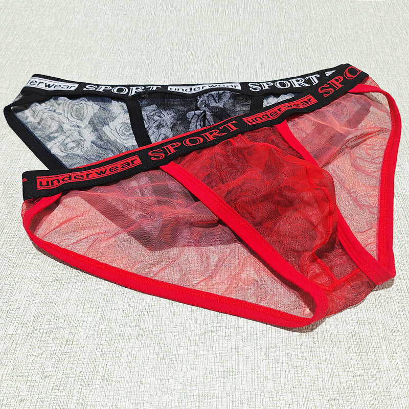 Printed Mesh Rose Men's High-slit G-string Panties See-through