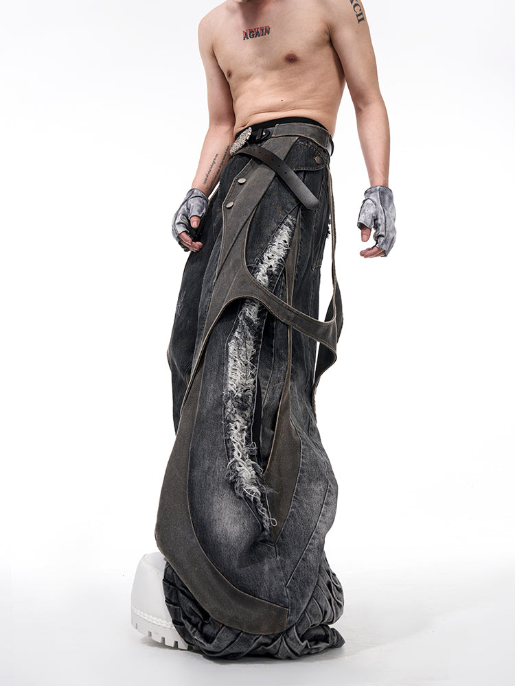 Structure Leather Patchwork Men's Summer Snake Bone Pleated Wide Leg Mop Pants