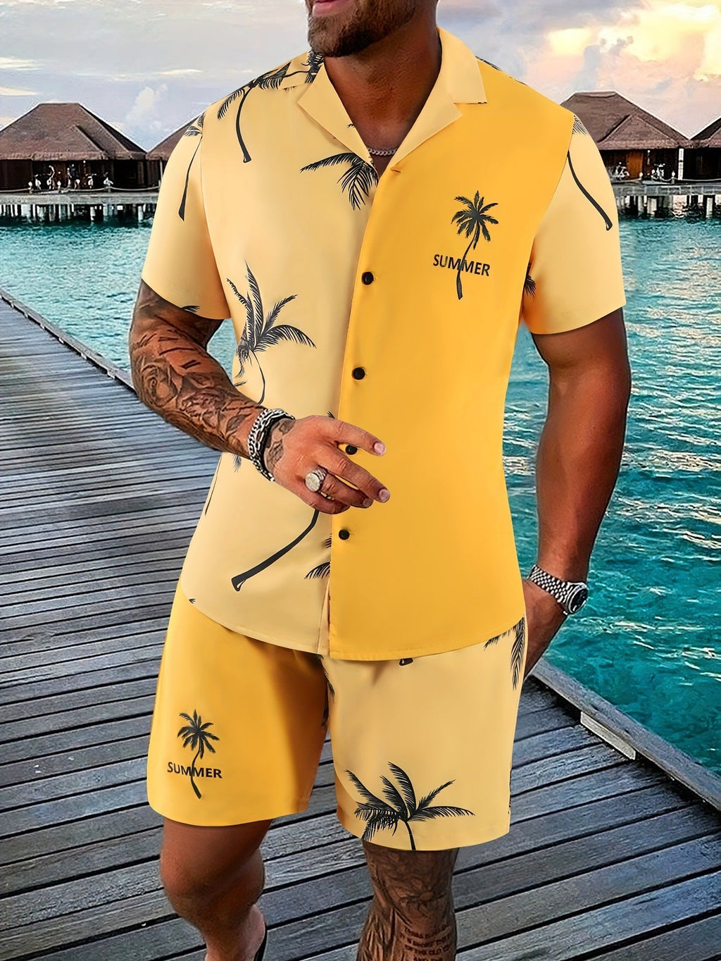 Coconut Tree 3d Printed Short Sleeve Shorts Suit
