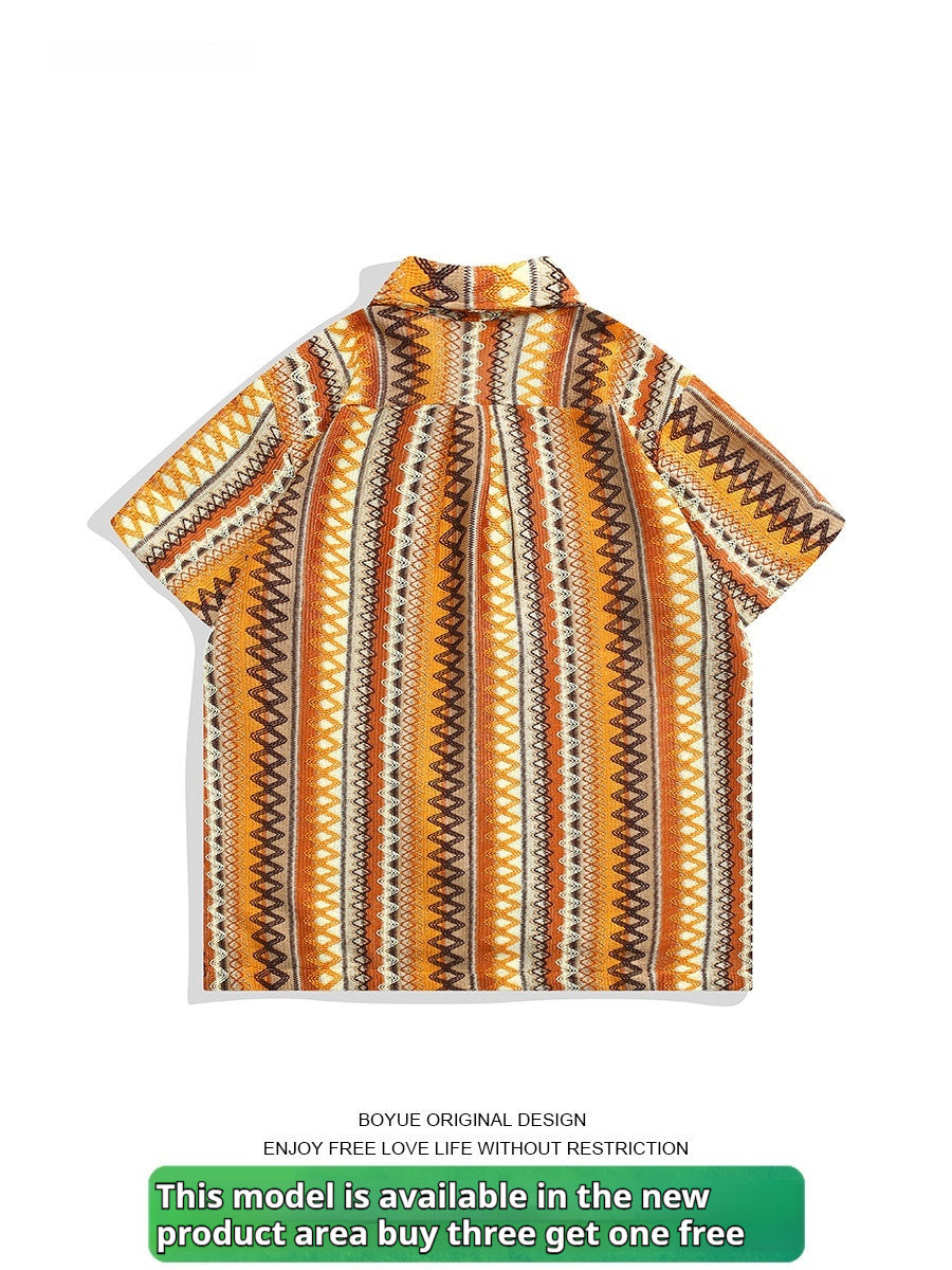 Ethnic Style Woven Contrast Color Cuban Collar Shirt