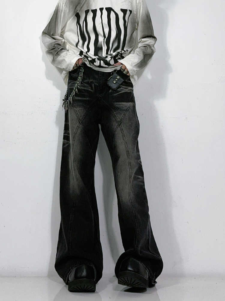 Washed Worn Jeans Straight Mop Casual Trousers