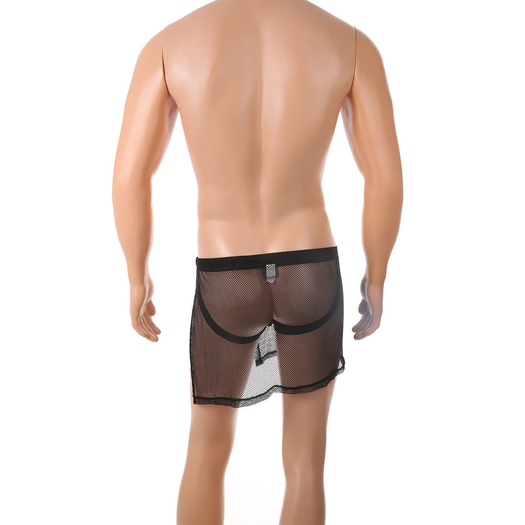 Men's Sexy Mesh G-string Skirt High Slit Side Open Transparent