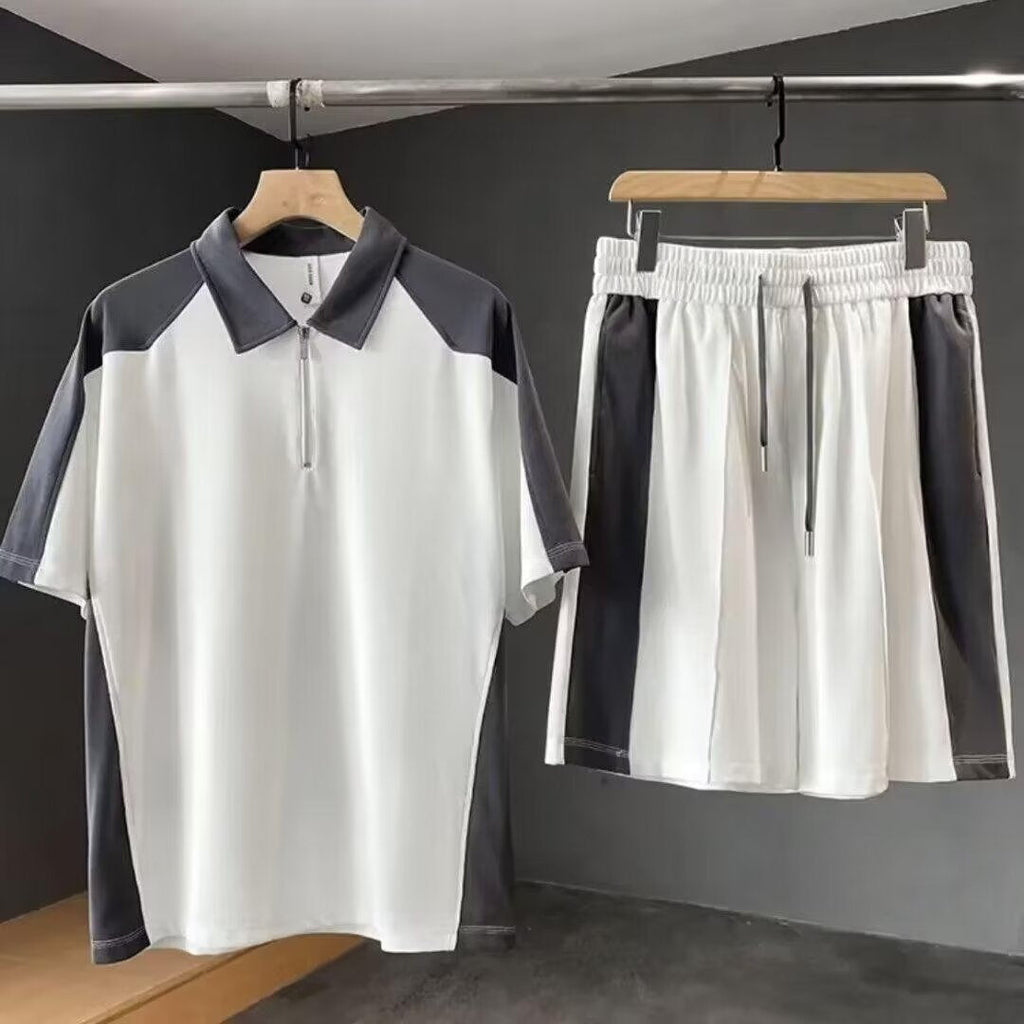 Summer Menswear Color Stitching Turnover Neck Short-sleeved T-shirt Set With Handsome Casual Shorts