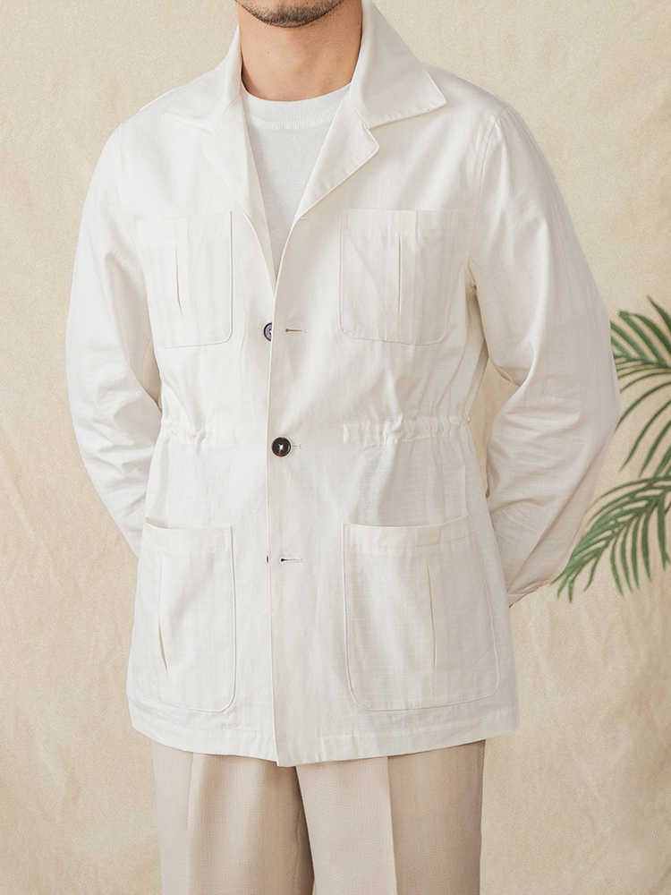 Casual Light Thin Cotton Drawstring Jacket Cuban Collar Plaid Coat