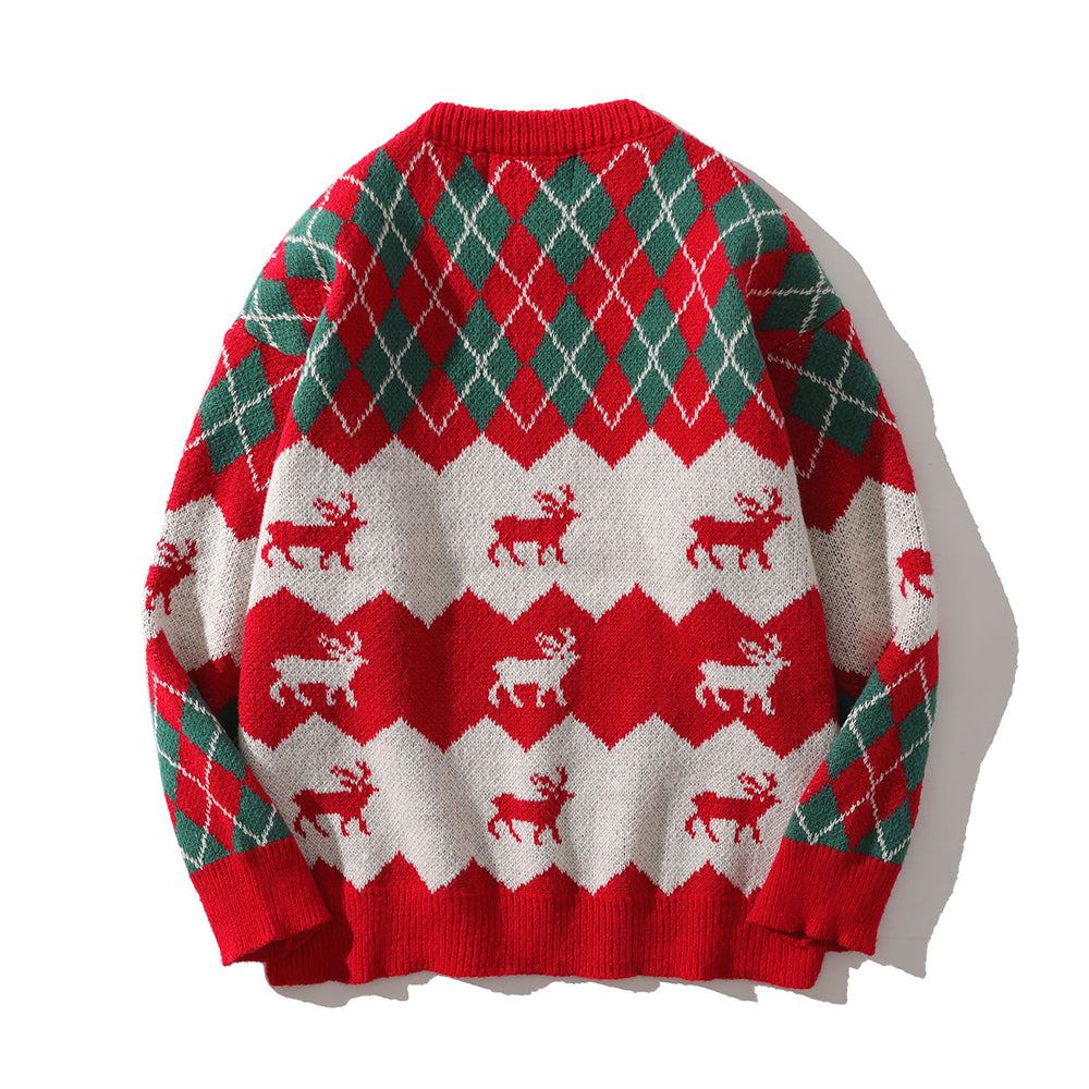 Long Sleeve Rhombus Plaid Deer Knitted Sweater