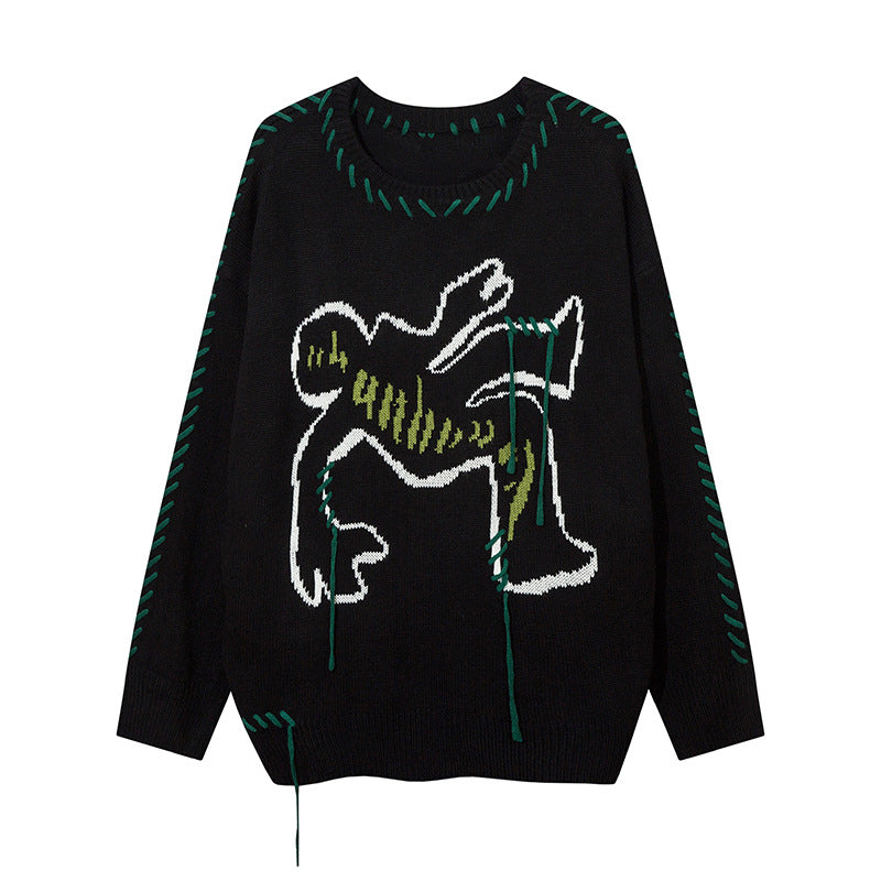 Fringed Sweater Round Neck Sweater With Rope Stitching