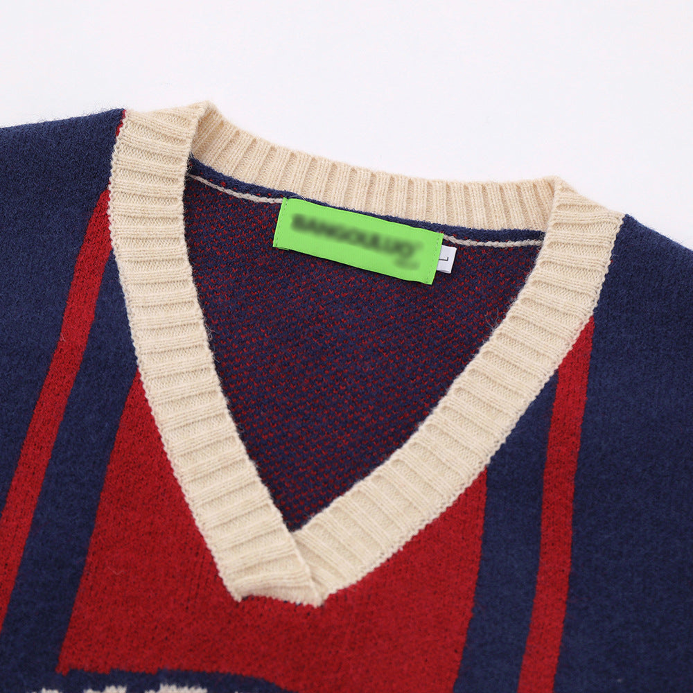 European And American Street Color Matching Letters Jacquard V-neck Sweater Vest