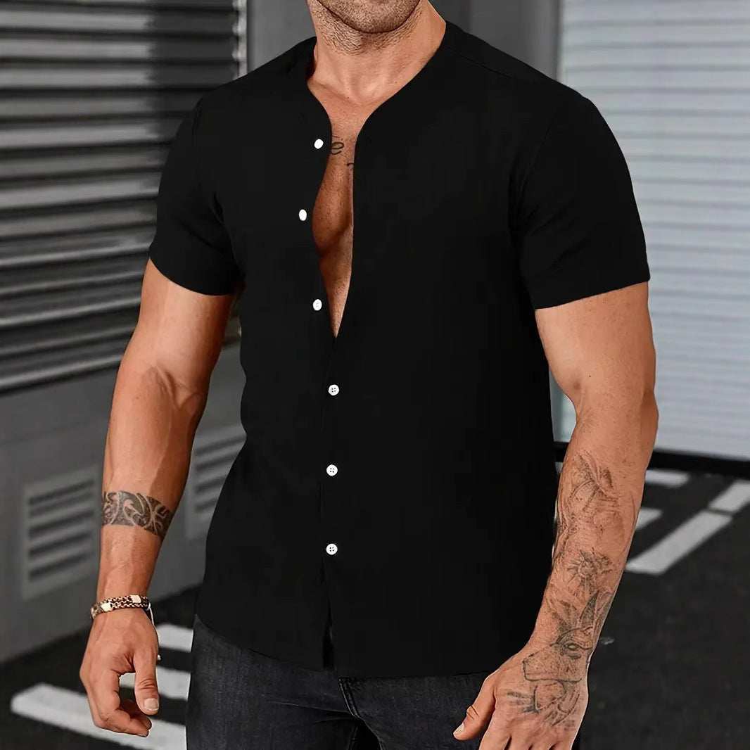 Cardigan Stand Collar Men's Short-sleeve Shirts