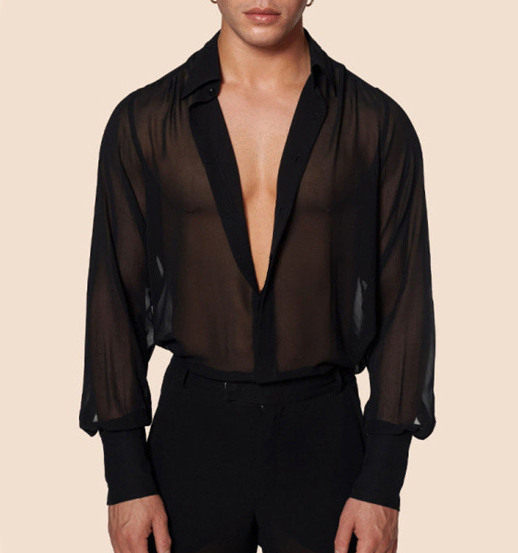 Black Thin See-through Chiffon Men's Slim Shirt