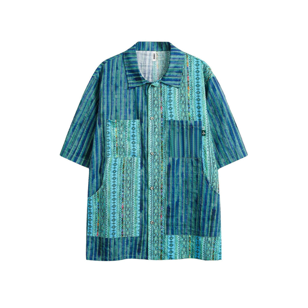 Retro Ethnic Style Patchwork Stripes Short Sleeve Men's Loose Shirt