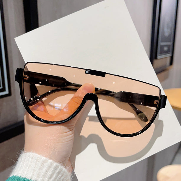 Fashion Lower Semi-rimless Brown One-piece Sunglasses Women's Mask Retro Slimming Trendy Sunglasses