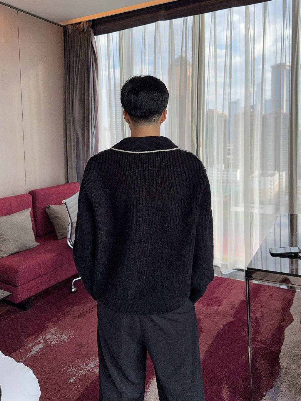 Stitching Contrast Color V-neck Houndstooth Sweater Loose