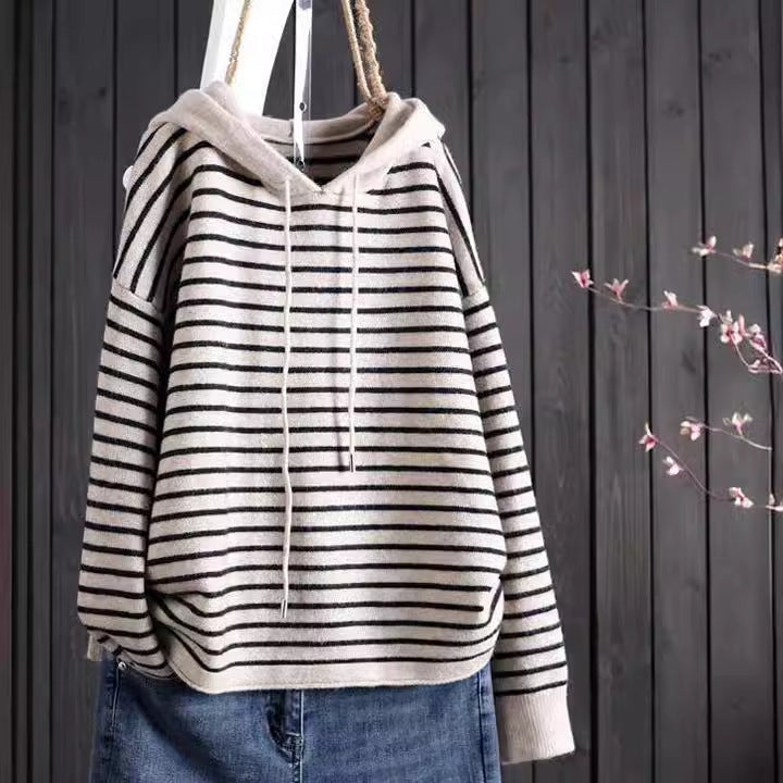 Spring Fashion Long Sleeve Striped Hooded Knitted Sweater