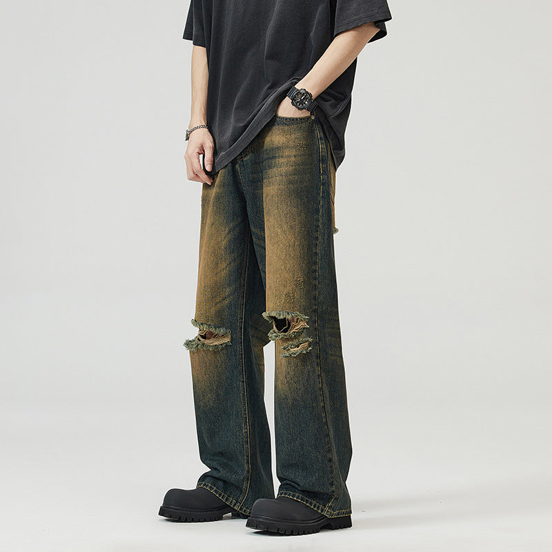 Men's Retro Distressed Rust Blue Ripped Jeans