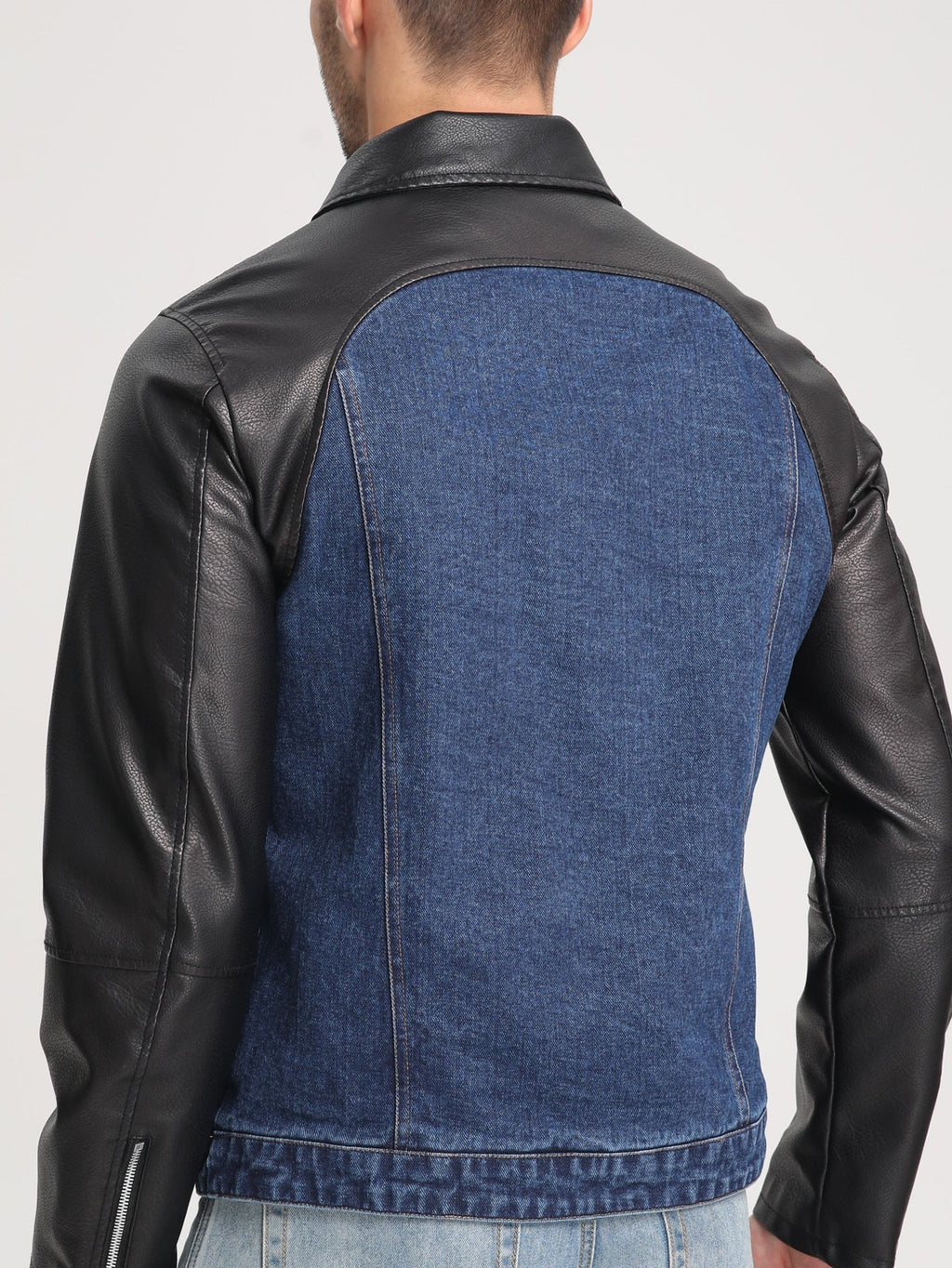 Men's Patchwork Denim Jacket, Diagonal Zipper Collared Work Jacket