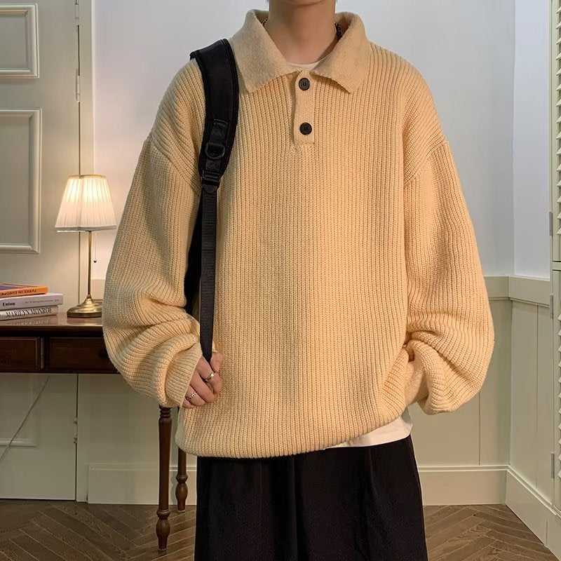 Polo Collar Sweater Men's American Retro Coffee Color High Sense Oversize Inner Sweater