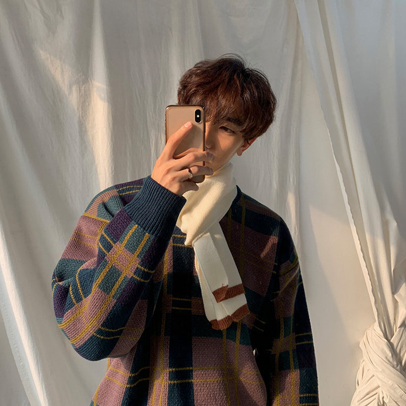 Men's Winter Thick Sweater Color Matching Plaid
