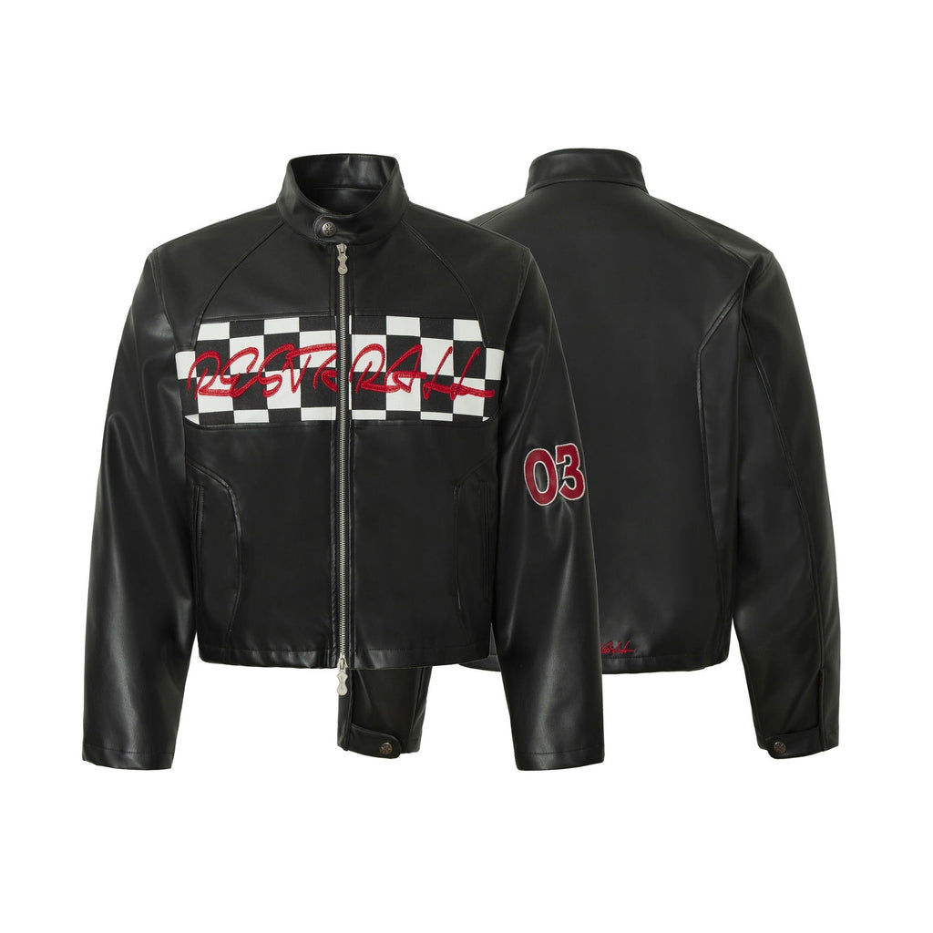 American Retro Plaid Short Stitching Leather Jacket